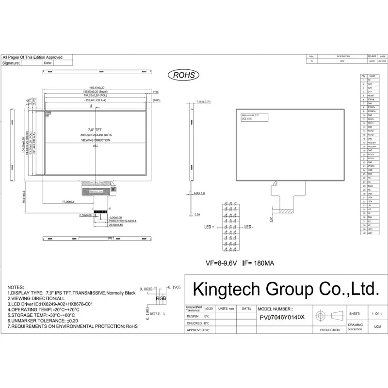 7 tuumaa 800x480/WVGA IPS LVDS-liitäntä 500nits TFT LCD-näyttöä